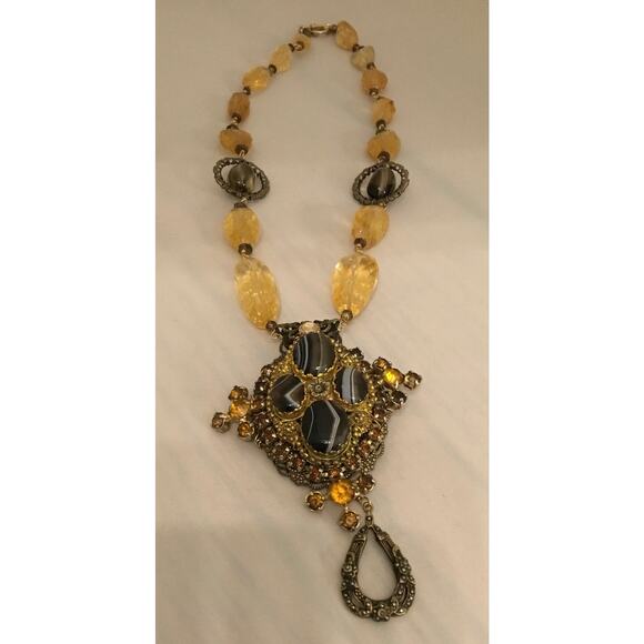 Vintage Marian Raser Banded Agate/Citrine Etruscan Revival Pendant Necklace - Picture 6 of 8